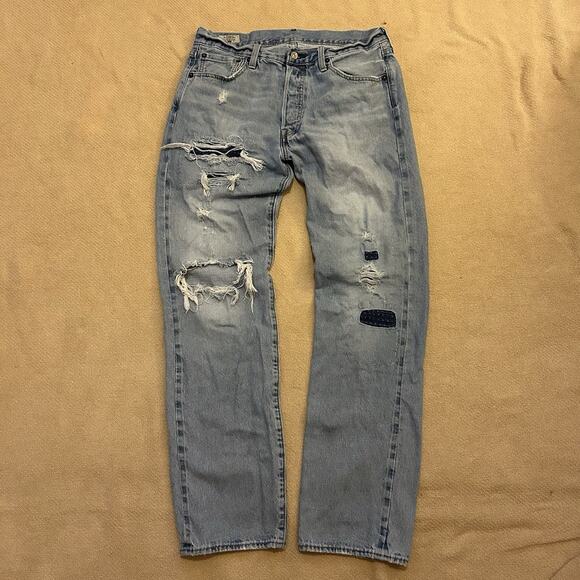 Levis 501 150th Anniversary Selvedge Distressed Patchwork Lightwash Jeans 34x34
